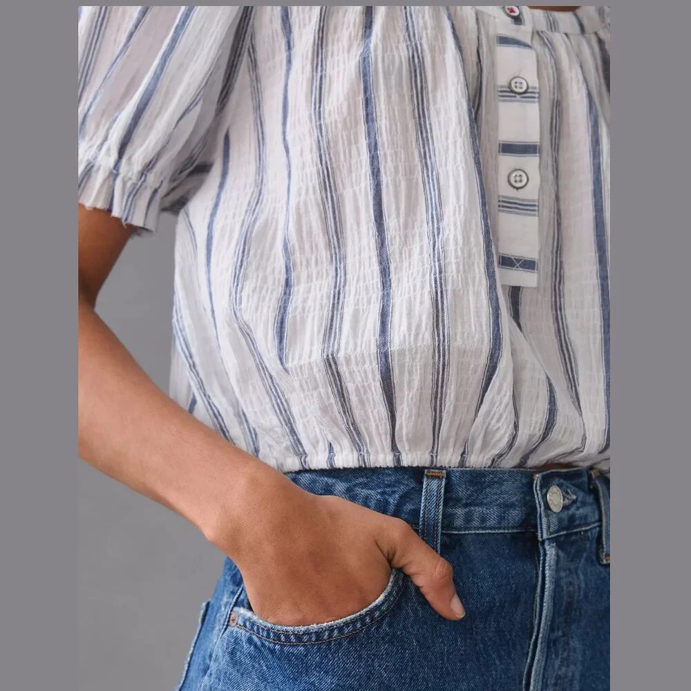 Anthropologie Pilcro Puff-Sleeve Blouse White + Blue Stripe L